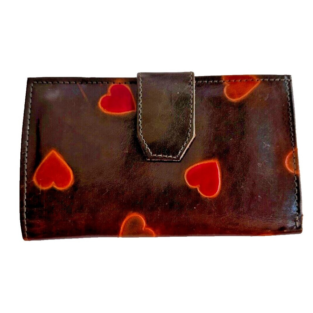 Naot Leather Wallet Green Embossed Hearts Zip Snap Credit Card Case 7x4 Artisian